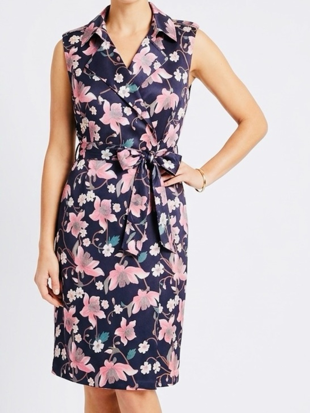 KATE & MALLORY Faux Suede Sleeveless Floral Midi Wrap Dress Pink Dark Navy Blue - Picture 1 of 16